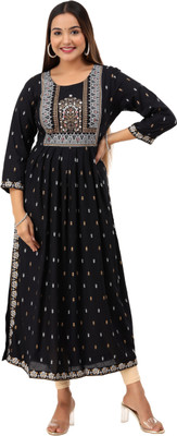 ASHRU Women Printed Ethnic Dress Kurta(Black)