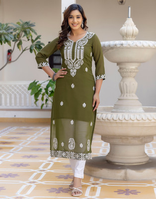 Samah Women Embellished Straight Kurta(Dark Green)