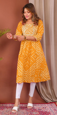 Parth f Women Bandhani A-line Kurta(Yellow)