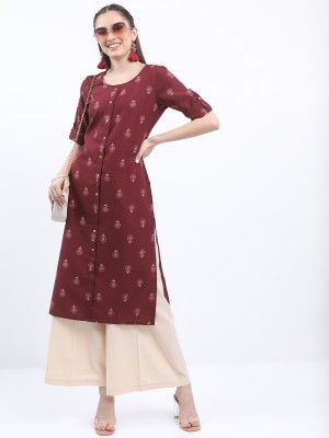 KETCH Women Printed Straight Kurta(Maroon)