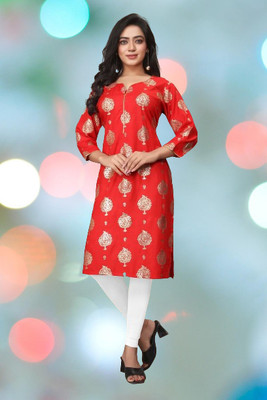 SUIT ICON Women Printed Straight Kurta(Gold, Red)