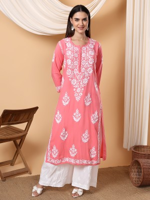 Poshak Chikan Studio Women Embroidered Straight Kurta(Pink)