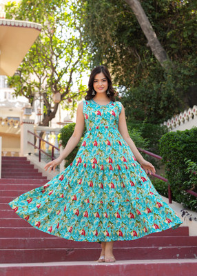 CHARVI CREATION Women Embroidered, Printed Flared Kurta(Light Blue)