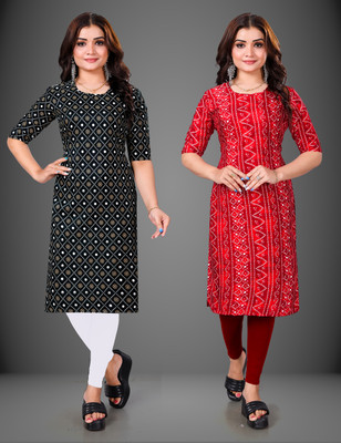 MOBHISA Women Printed Straight Kurta(Red)