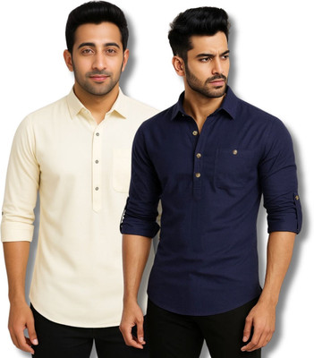 GOD HEART Men Solid Straight Kurta(Beige, Dark Blue)