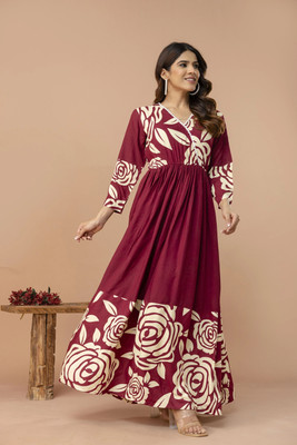 METRONAUT Women Fit and Flare Maroon Ankle Length Dress