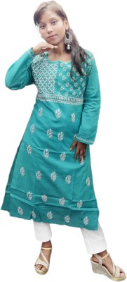 Shadab Chikan Women Chikan Embroidery A-line Kurta(Light Blue, White)