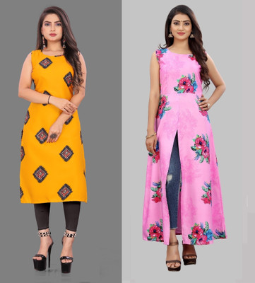 tanvi creation Women Printed Straight Kurta(Yellow, Pink)