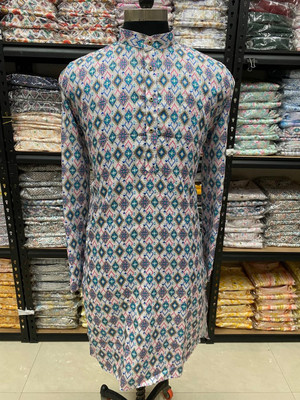 FOXDX Men Printed Straight Kurta(Blue)