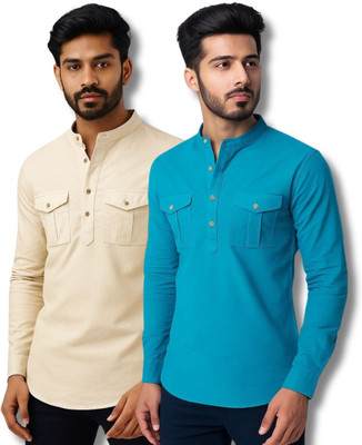 EchoWear Men Solid Straight Kurta(Beige, Blue)