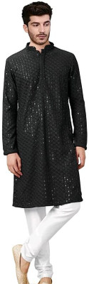 StyleVault Men Chikan Embroidery A-line Kurta(Black)