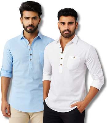 MAHIRAN Men Solid Straight Kurta(Light Blue, White)