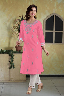 HouseOfCommon Women Chikan Embroidery Straight Kurta(Pink)