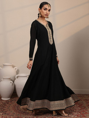 LIBAS Women Embroidered A-line Kurta(Black)