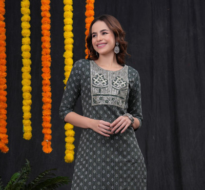 JN LOFTY Women Embroidered, Printed Straight Kurta(Green)