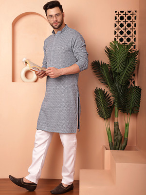 Jompers Men Embroidered Straight Kurta(Grey)