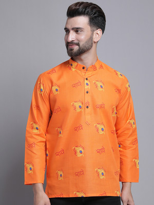 AEW DESIGNS Men Printed Straight Kurta(Orange)
