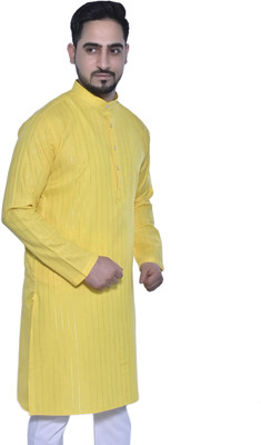 Tsarina Men Striped Straight Kurta(Yellow, Silver)