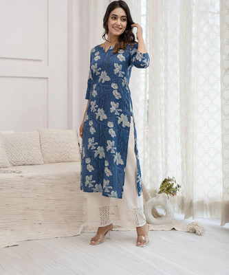 JSIMAR Women Printed Straight Kurta(Blue)