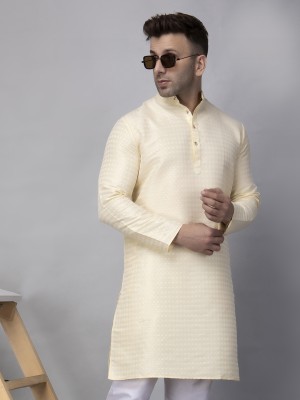 Hangup Men Woven Design Straight Kurta(Yellow)