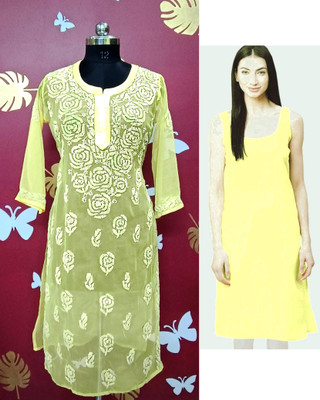 Neelam Chikan Women Embroidered Straight Kurta(Pink)