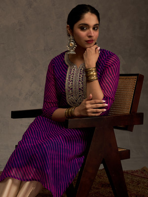 Indo Era Women Printed Straight Kurta(Purple)