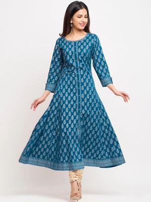 AKIKO Women Printed Anarkali Kurta(Light Blue)