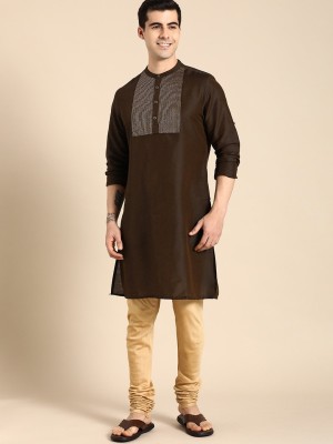 ANOUK Men Woven Design Straight Kurta(Brown)