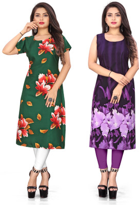 maruti fab Women Floral Print Straight Kurta(Green, Purple)