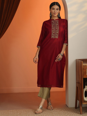 LIBAS Women Embroidered, Solid Straight Kurta(Red)