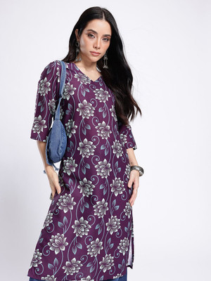 Anouk Rustic Women Floral Print Straight Kurta(Purple)
