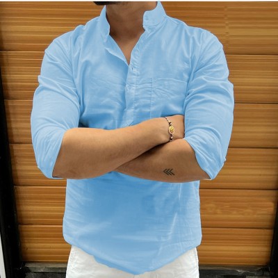 HouseOfCommon Men Solid Straight Kurta(Light Blue)