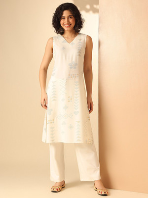 ANOUK Women Geometric Print Straight Kurta(White)