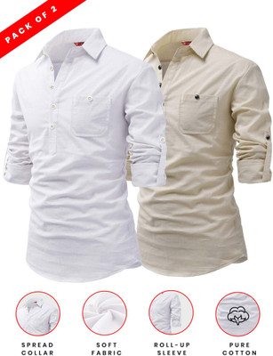 Yugnik Men Solid A-line Kurta(Beige, White)