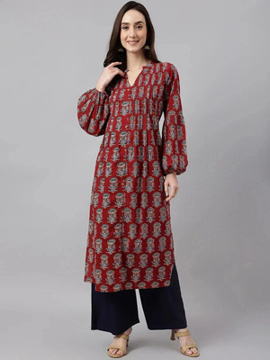 Janasya Women Floral Print Flared Kurta(Maroon)
