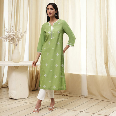 BIBA Women Printed Straight Kurta(Green)