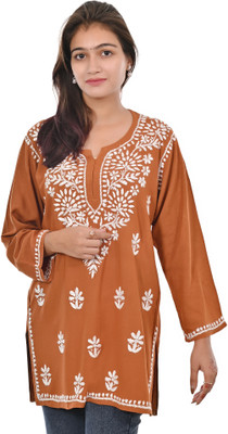 malabis Women Embroidered Straight Kurta(Brown)