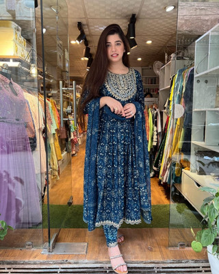 Texa Hub Women Embroidered, Printed, Floral Print Flared Kurta(Blue)