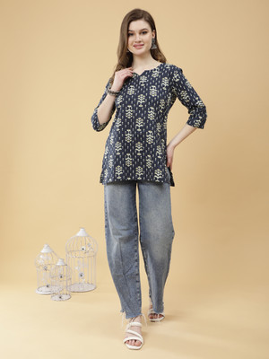 Holink Women Printed Flared Kurta(Dark Blue, Orange, White)