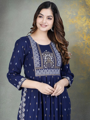 MARISY Women Printed, Embellished A-line Kurta(Dark Blue)