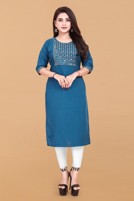 KNG TEXTILE Women Embroidered A-line Kurta(Blue)
