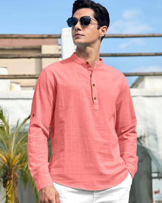 S KUADA Men Solid Straight Kurta(Pink)