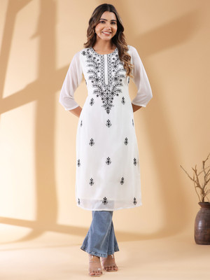 Janasya Women Embroidered Straight Kurta(White)