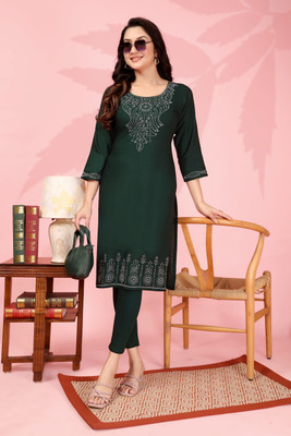 somnath collection Women Embellished Straight Kurta(Dark Green)