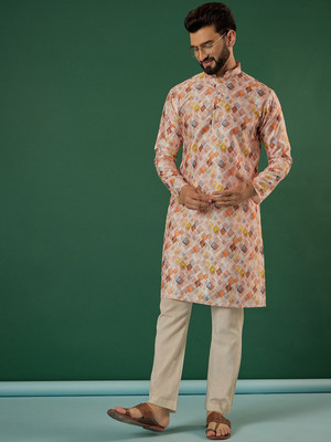 ANOUK Men Geometric Print Straight Kurta(Pink)