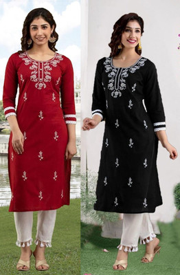 SISTO Women Chikan Embroidery Straight Kurta(Multicolor)