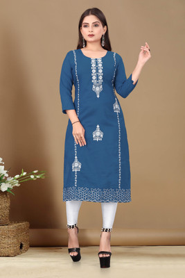 BHARDVAJ K FAB Women Embroidered Straight Kurta(Blue)