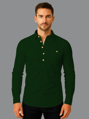indirae Men Solid A-line Kurta(Green)