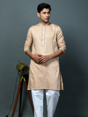 Ethnitia Men Solid, Embroidered, Striped, Self Design Straight Kurta(Beige)
