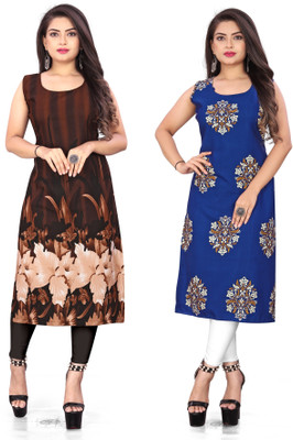 Hiral Creation Women Floral Print Straight Kurta(Brown, Blue)
